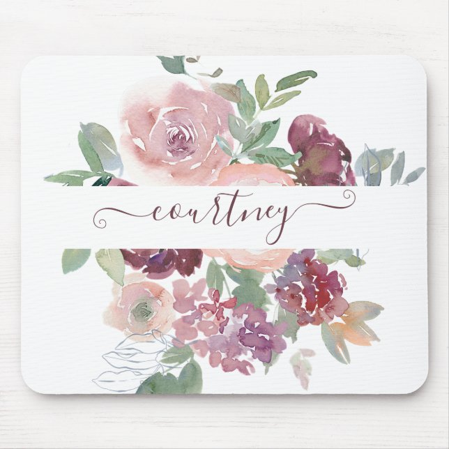 Burgund und rosa Aquarellblumen personalisiert Mousepad (Vorne)