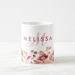 Burgund und rosa Blume Monogramm für Aquarellfarbe Kaffeetasse