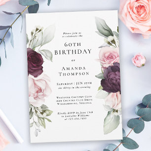 Burgund und rosa Blumen zum 60. Geburtstag Einladung