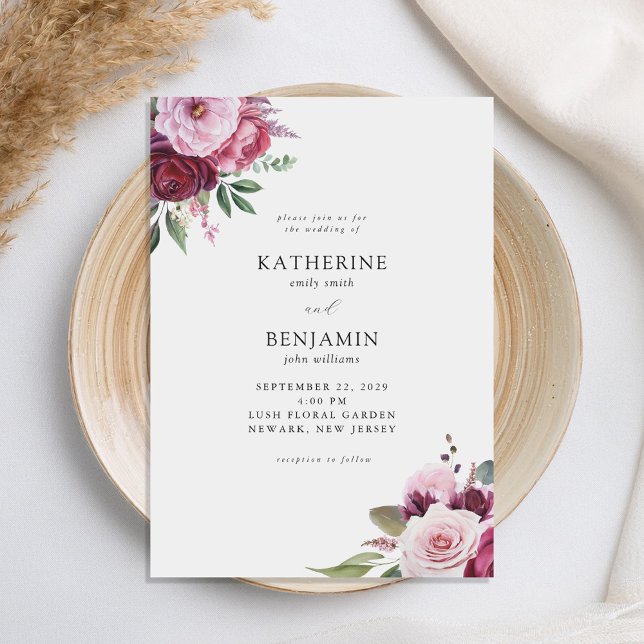 Burgund und Rosa Elegante Blumenhochzeit Einladung (Von Creator hochgeladen)