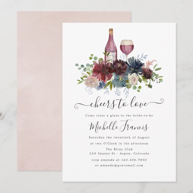 Burgund und Rosa Rosa Weinprobe Einladung (Vorne/Hinten)