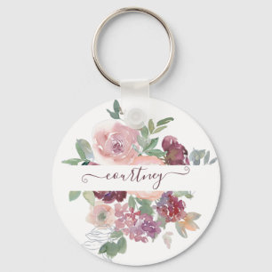 Burgund und rosa Wasserfarbe floral personalisiert Schlüsselanhänger