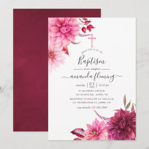 Burgund und rosafarbenes Herbst-Blumen-Taufkleid Einladung