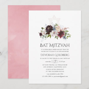 Burgund und rosé Aquarell-Blumen Bat Mitzvah Einladung