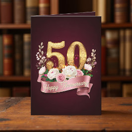 Burgund und Rose Bloral 50 Hochzeitstag Karte