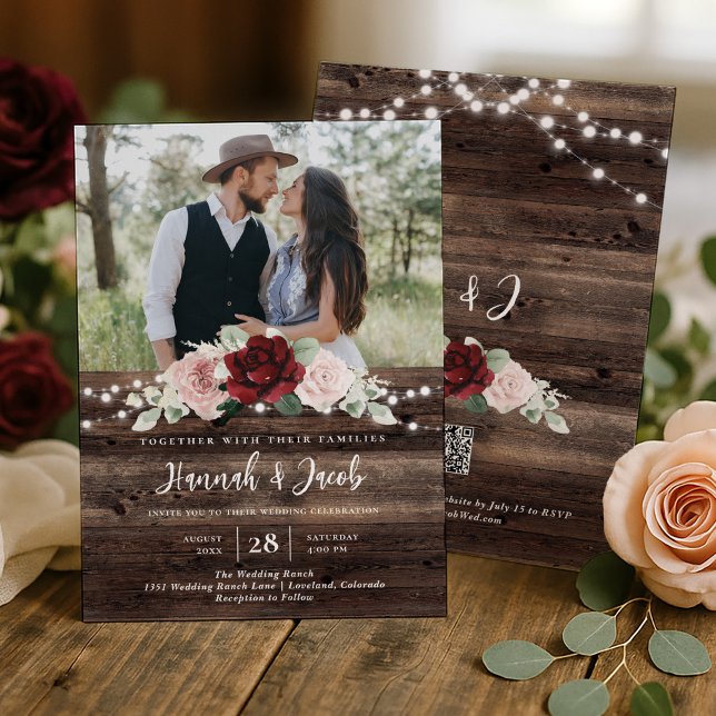 Burgund- und Rosé-Blumen-Hochzeit mit QR-Code Rust Einladung (Von Creator hochgeladen)