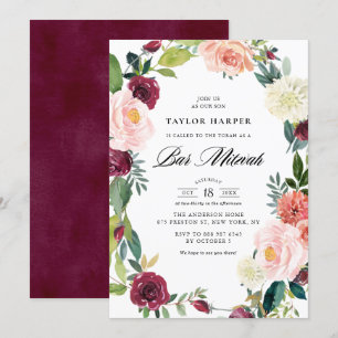 Burgund- und Rosé-Blumenkranz Herbst Bar Mitzwa Einladung