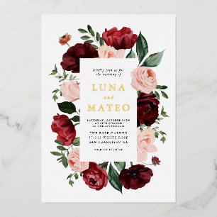 Burgund und Rosé Florale Hochzeitsfotos Folieneinladung