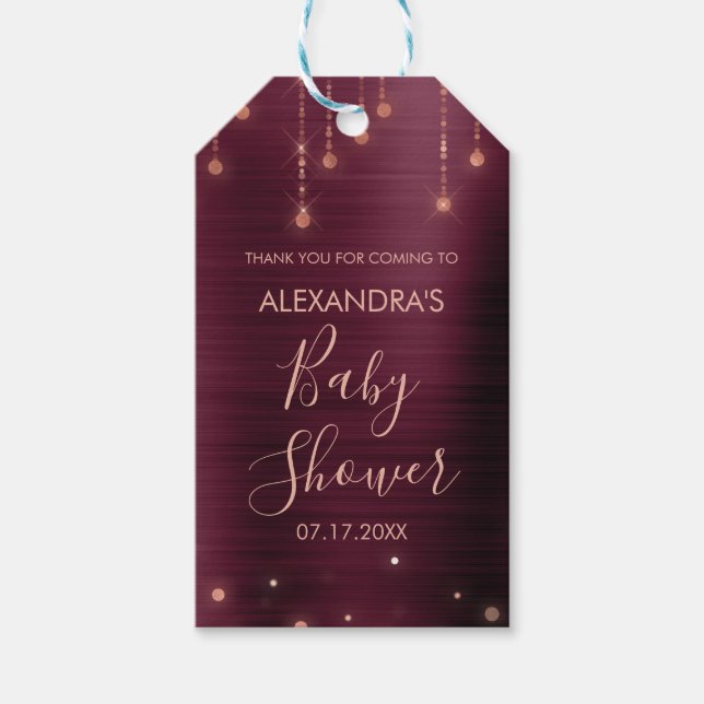 Burgund und Rose Gold Baby Dusche Geschenkanhänger (Vorderseite)