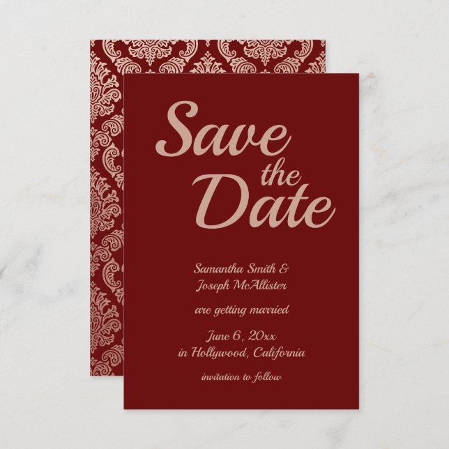 Burgund und Rose Gold Damask Save the Date Einladung (Vorne/Hinten)