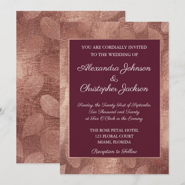 Burgund und Rose Gold Fall Leaf Hochzeit Einladung (Vorne/Hinten)