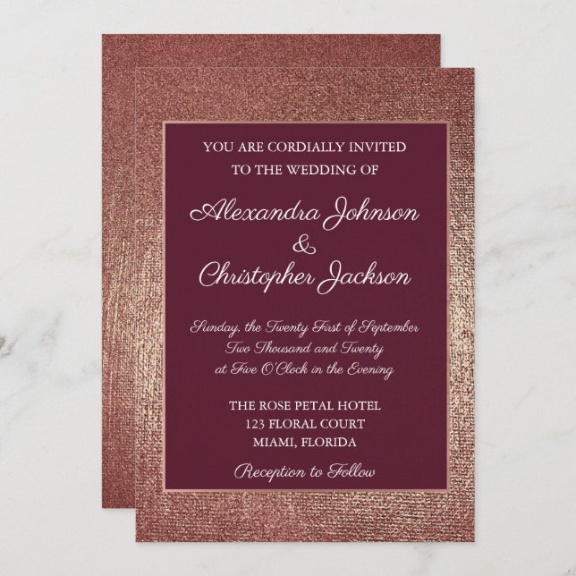 Burgund und Rose Gold Foil Fabric Wedding Einladung (Vorne/Hinten)