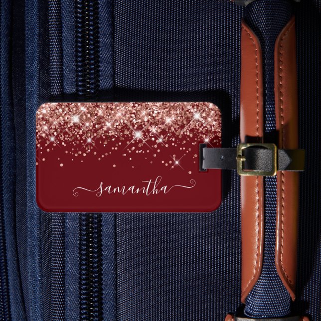 Burgund und Rose Gold Glitzer Girly Signature Gepäckanhänger (Vorderseite Insitu 4)