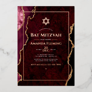 Burgund und Rose Gold Imitate Agate Bat Mitzvah Folieneinladung