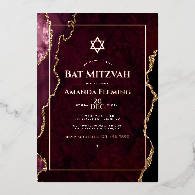 Burgund und Rose Gold Imitate Agate Bat Mitzvah Folieneinladung (Vorderseite)