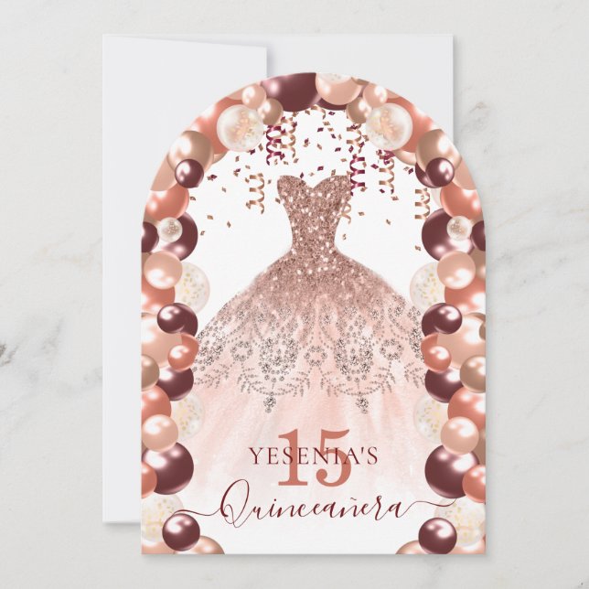 Burgund und Rose Gold Quinceañera Dress Ballon Einladung (Vorderseite)