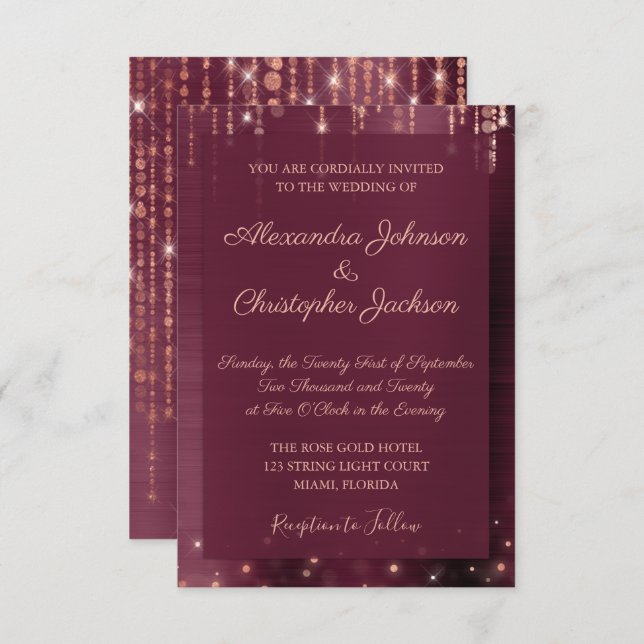 Burgund und Rose Gold Sparkle Wedding Einladung (Vorne/Hinten)