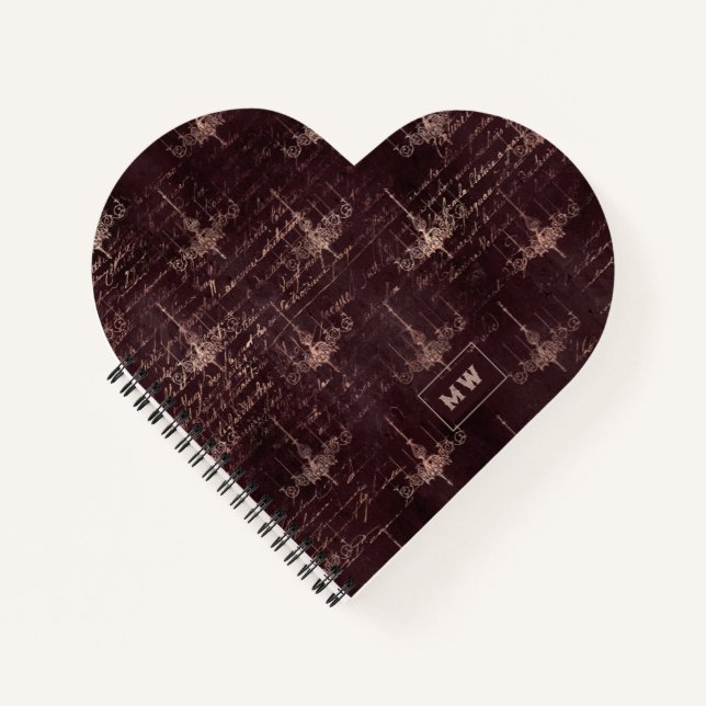 Burgund und Rose Gold Vintage Kalligraphie Notizbuch (Vorderseite)