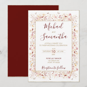 Burgund und Rosé Wildblumen-Hochzeit Einladung