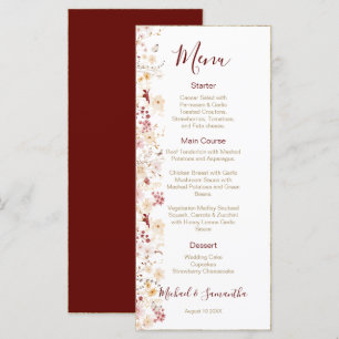Burgund und Rosé-Wildblumen-Hochzeit Menükarte