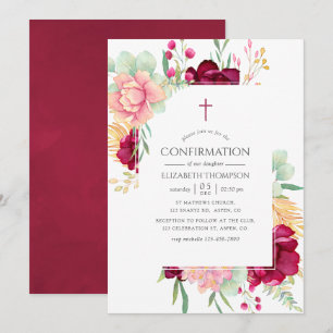 Burgund und roséfarbene florale Konfirmation Einladung