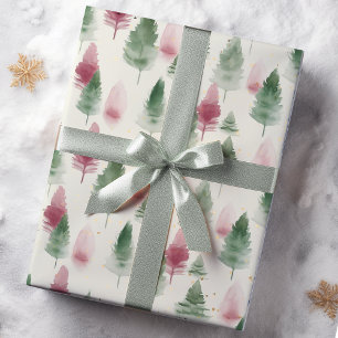 Burgund und Salbeigrüner Tannenbaum Geschenkpapier