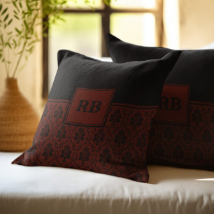 Burgund- und Schwarz Damast-Monogramm-Muster Kissen