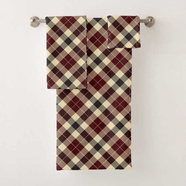 Burgund und Schwarzer Tartan Kariert Badhandtuch Set (Insitu)