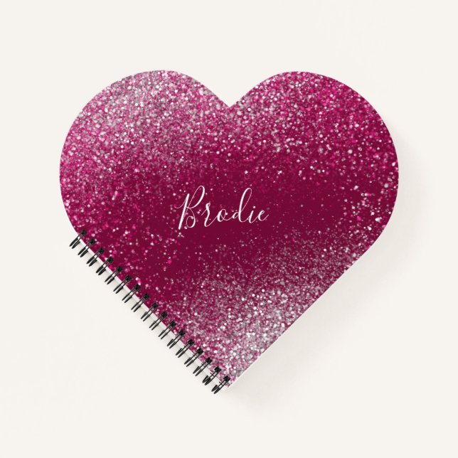 Burgund und Silberner Glitzer Herz Notizbuch (Vorderseite)