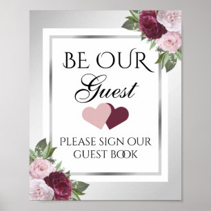 Burgund und Silver Floral Wedding Guest Book Sign Poster