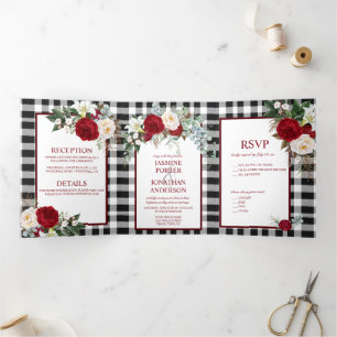 Burgund und Weiße Rosen, Buffalo Karierte Hochzeit Dreifach Gefaltete Einladung