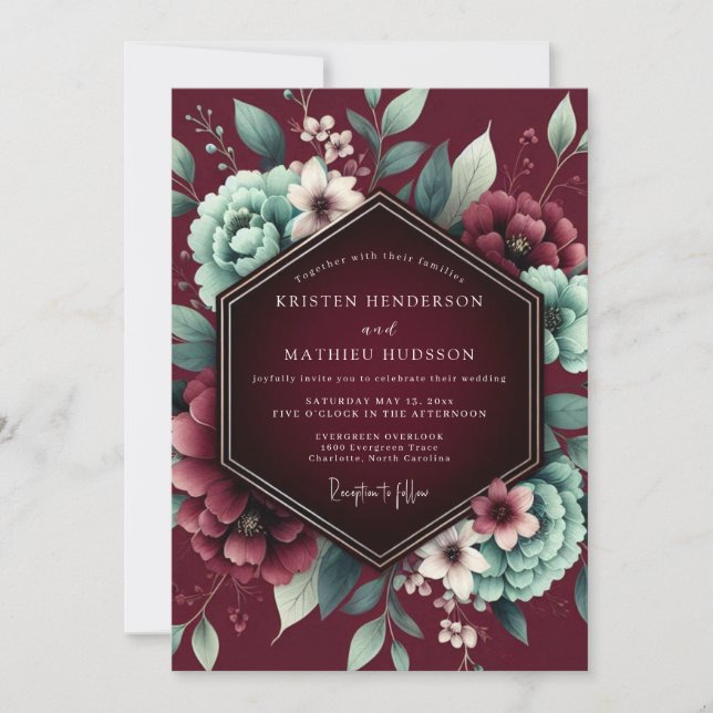Burgund unterlegene Flora-Hochzeit Einladung (Vorderseite)