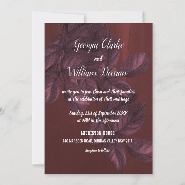 Burgund Verlasse Rustic Vintage Wedding Einladung (Vorderseite)