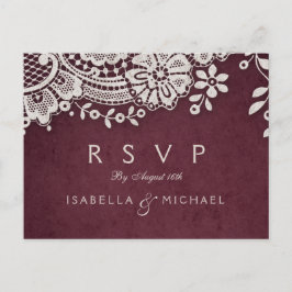 Burgund Vintage Spitze rustikale Hochzeit RSVP Einladungspostkarte