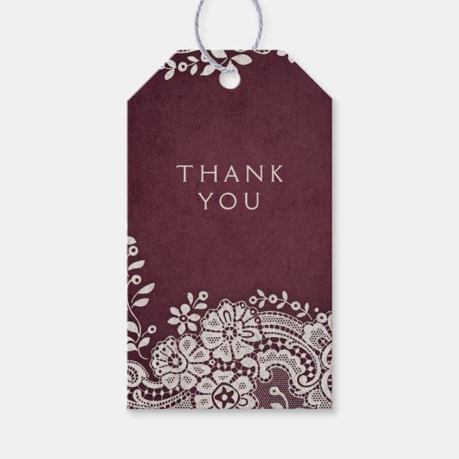 Burgund Vintage Spitzen rustikale Hochzeit danke Geschenkanhänger (Vorderseite)