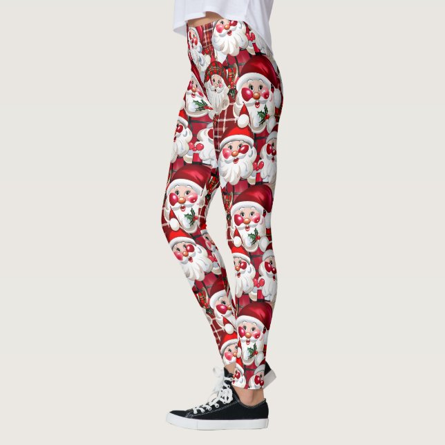 Burgund Vintager Weihnachtsmann Karierte Weihnacht Leggings (Links)
