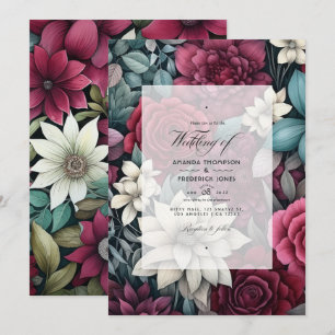 Burgund, Waldgrün und Graublumen-Hochzeit Einladung