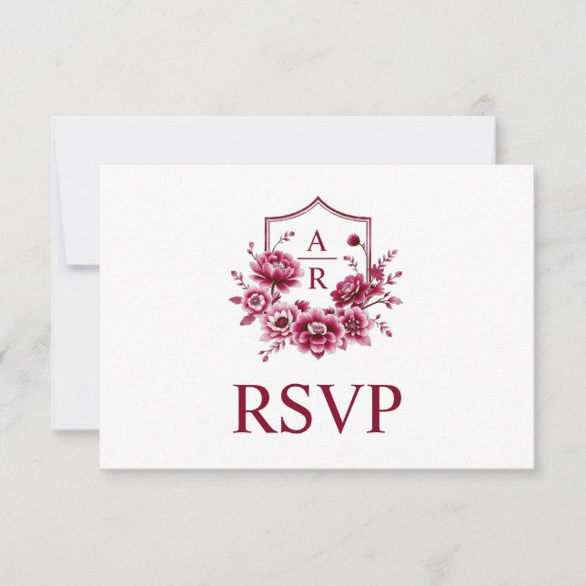 Burgund Wappen mit Intialien und qr Code Hochzeit RSVP Karte (Vorderseite)