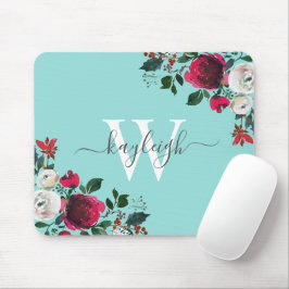 Burgund Wasserfarbe Blumenfloral Türkis Mit Monogr Mousepad
