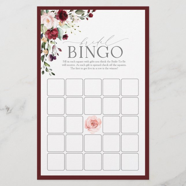 Burgund Wasserfarbe Floral Bridal Bingo Spiel (Vorderseite)