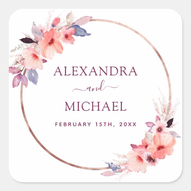 Burgund Wasserfarbe Geometrisches Siegel für Blume Quadratischer Aufkleber (Vorderseite)