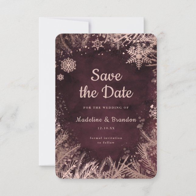 Burgund Wasserfarbe mit Rose Gold Winter Hochzeit Save The Date (Vorderseite)