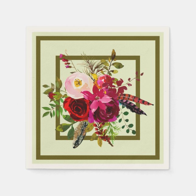 Burgund Wasserfarben-Blume und Federn Serviette (Vorderseite)
