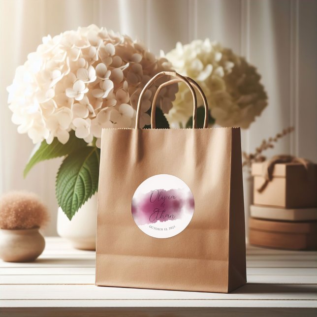 Burgund Wasserfarbenhochzeit - Elegante Namen Runder Aufkleber (Von Creator hochgeladen)