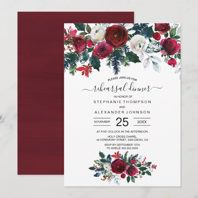 Burgund Watercolor Winter Blume Hochzeit Einladung (Vorne/Hinten)