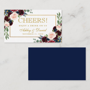 Burgund Wedding Drink Ticket Card Blue Gold Gold Begleitkarte