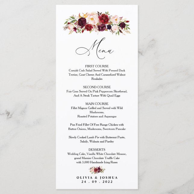 Burgund Wedding Menu, floral Menükarte (Vorderseite)