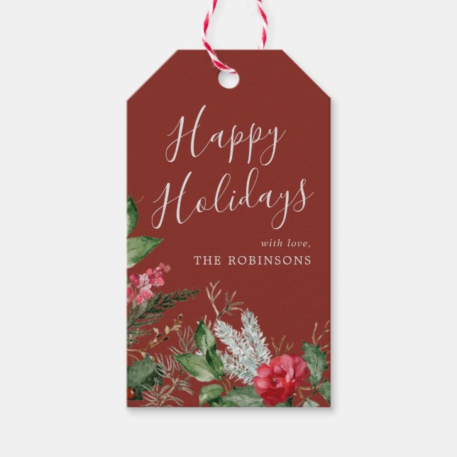 Burgund Weihnachten Botanischer Foliage Urlaub Geschenkanhänger (Vorderseite)