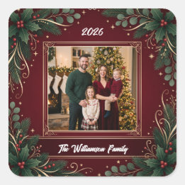 Burgund-Weihnachtsgrün-Familienfoto-Weihnachtsstic Quadratischer Aufkleber