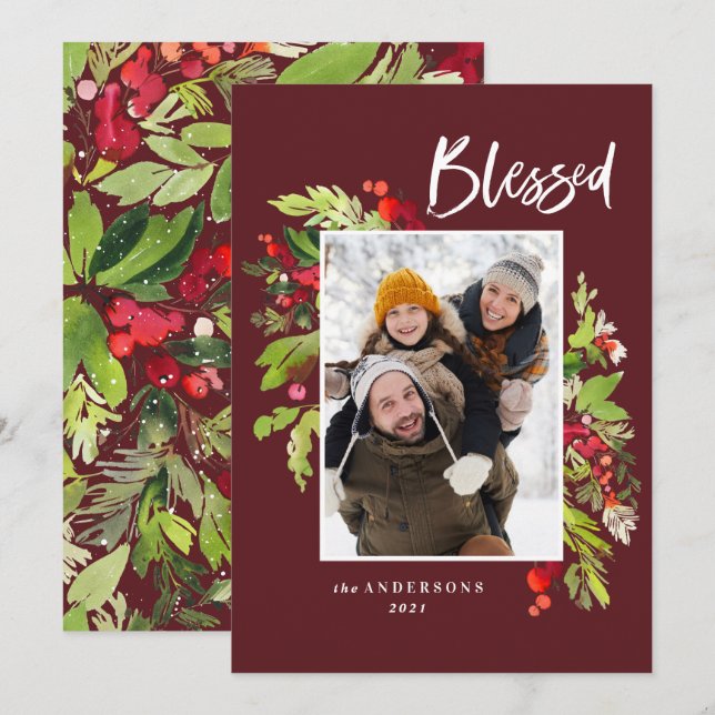 Burgund Weihnachtsgrün rustikal 1 Foto Feiertagskarte (Vorne/Hinten)